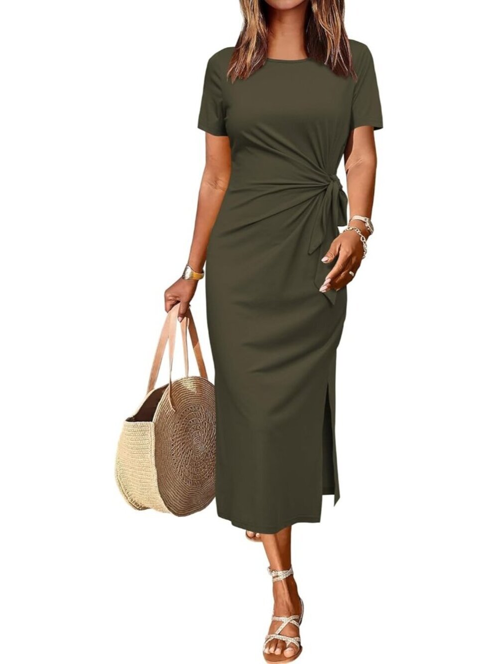 Women's Army Green Short/Long Sleeve Crewneck T Shirt Maxi Dress Tie Waist